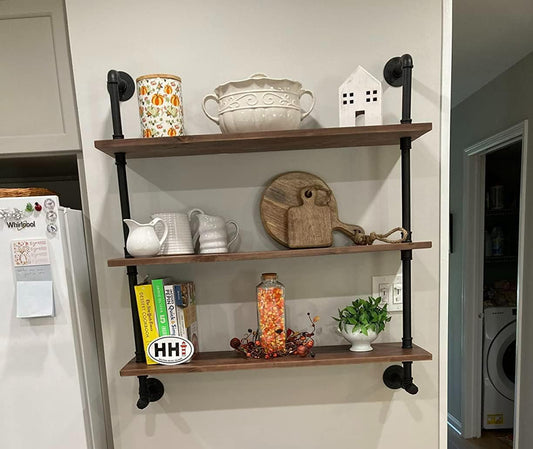 Industrial Pipe Wall Shelves with Real Wood Plank ,36 Inches Floating Shelves for Wall Farmhouse Book Shelves Dark Brown 3 Tier for Kitchen,Living Room Decor and Bar Shelving