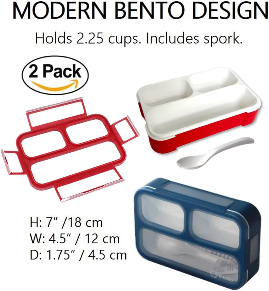kinsho Snack Containers - Small Bento Lunch Box for Kids Girls Boys Toddlers | MINI Leakproof Boxes, Baby Bentobox for School Daycare Travel, Portion Containers, 2 pack, Red Navy Blue