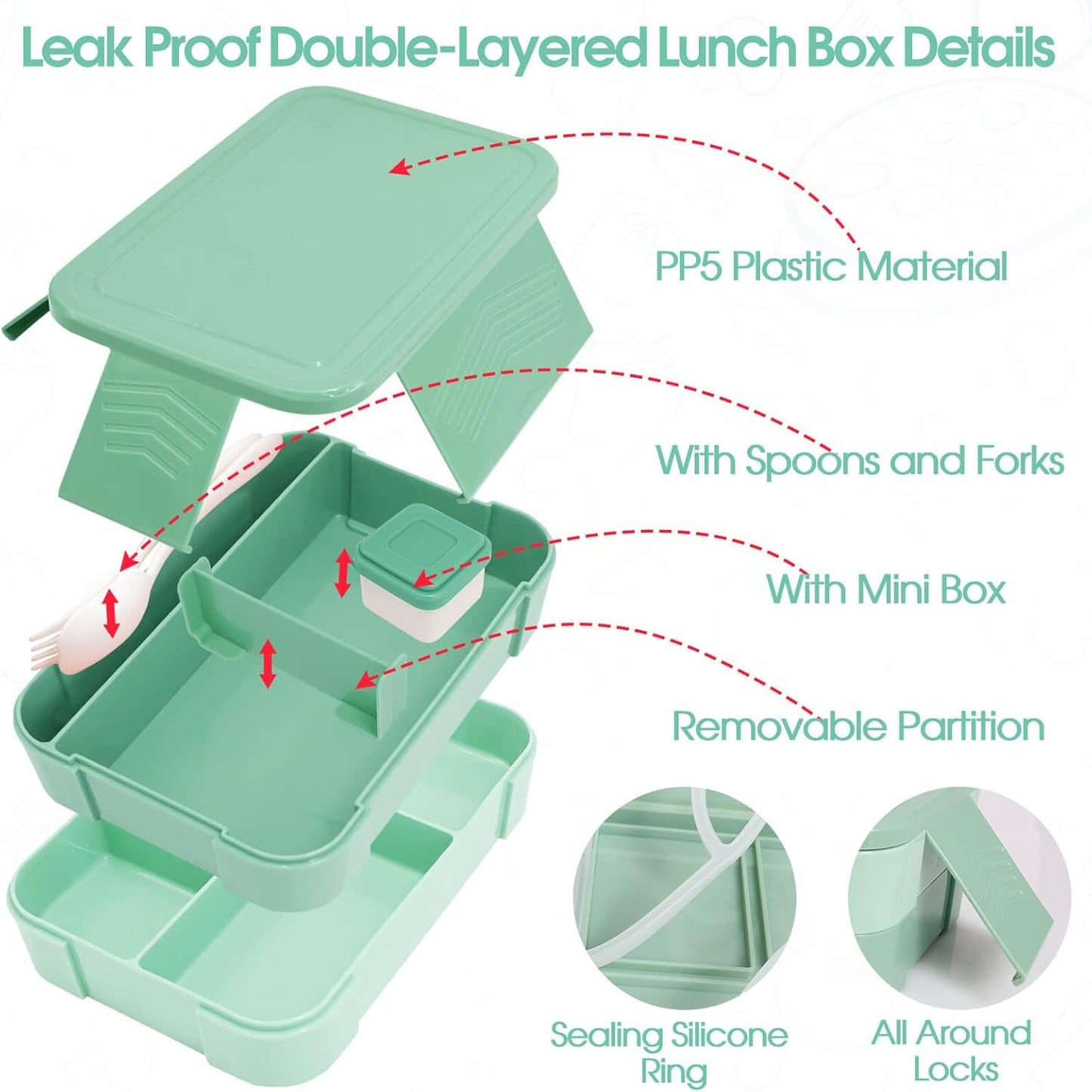 Girl Lunch Bag with 6 Compartment Bento Box with 10oz Thermo- Preppy Green Nylon Insulated Lunch Box Adjustable Strap, Birthday Gift For Girl Kids Teens Travel Picnic School