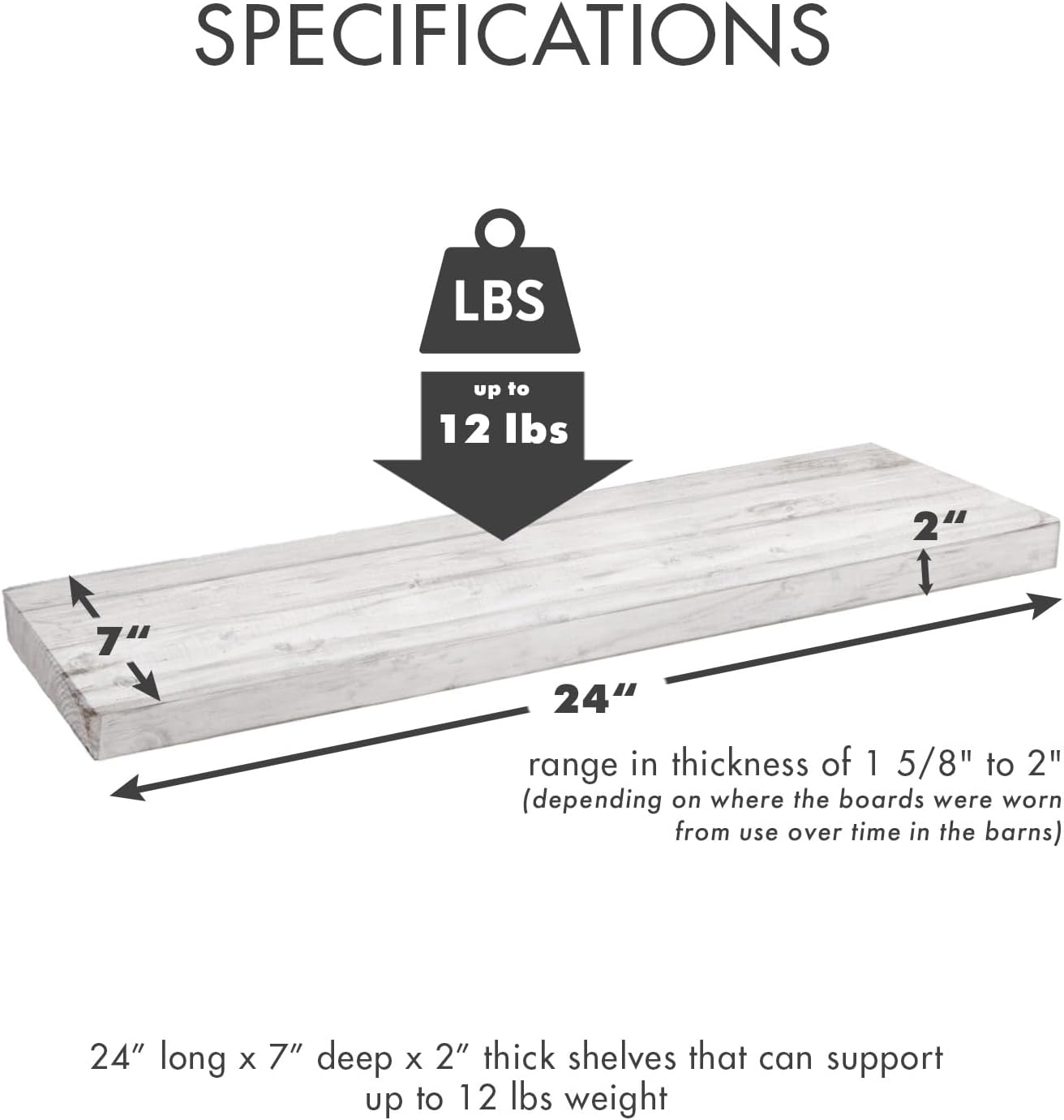 Urban Legacy Reclaimed Barnwood Planks | Floating Shelves for Wall w/Flush Mount Shelf Bracket Set Included | Set of 2 (White Wash, 24" x 7 "x 2")