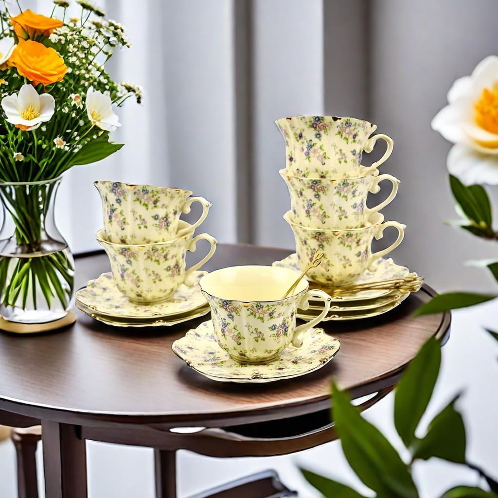 TATSUMI Country Roses Bone China Tea Cup and Saucer Set, 3 Pieces, Vintage Style, For Women and Tea Parties(yellow,1 Set)