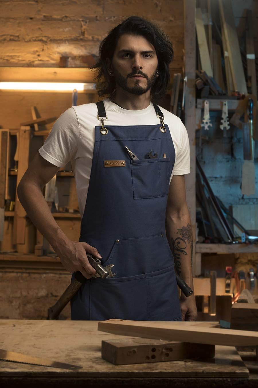 Asaya Chef and BBQ Apron with Bottle Opener and Hand Towel - 10oz Cotton Canvas, Stainless Steel Hardware - Cross Back Straps