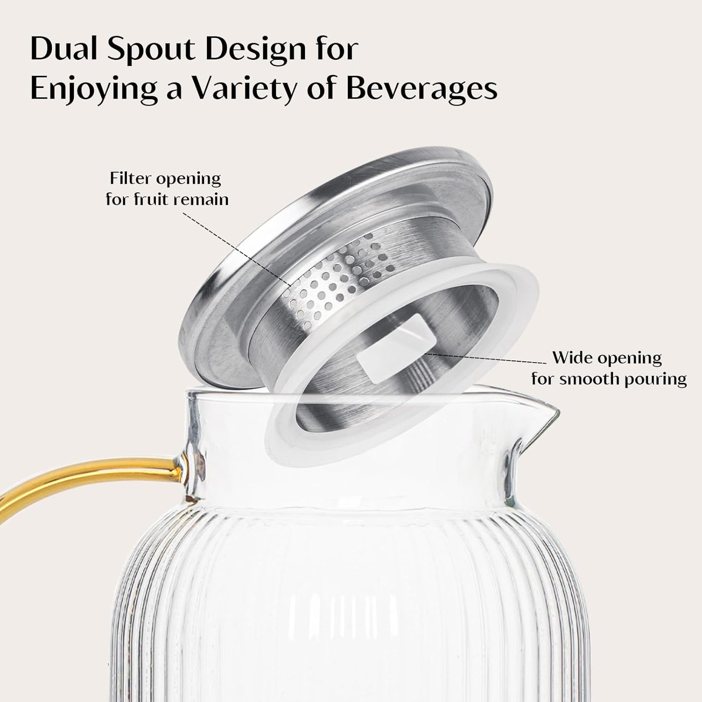 INSETLAN 68 Oz/2L Glass Pitcher with Lid and Spout, Ribbed Glass Jugs with Handle, Hot & Cold Water Pitcher for Iced Tea, Juice, Lemonade - Modern Glass Carafe for Fridge or Table (Pack of 2)