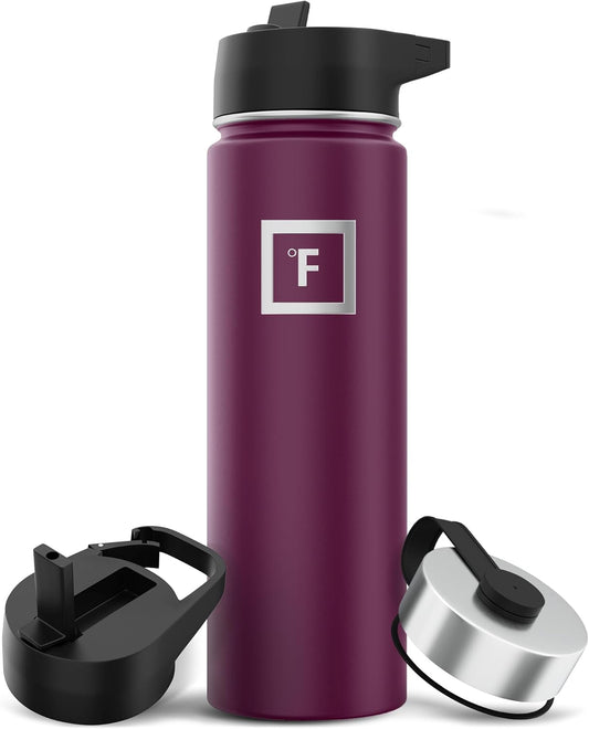 IRON °FLASK Camping & Hiking Hydration Flask with 3 Lids - Stainless Steel, Double Walled & Vacuum Insulated Water Bottle - Leak Proof & BPA Free (Burgundy, Straw - 22 oz)
