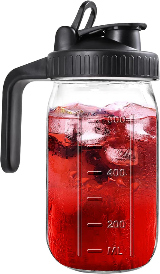 Mason Jar Pitcher, 32 OZ Glass Pitcher with Lid Double Leak-proof with Handle Water Jug Wide Mouth Breast Milk Pitcher Fridge Container for Water, Juice, Iced Coffee, Tea, Juice - Black