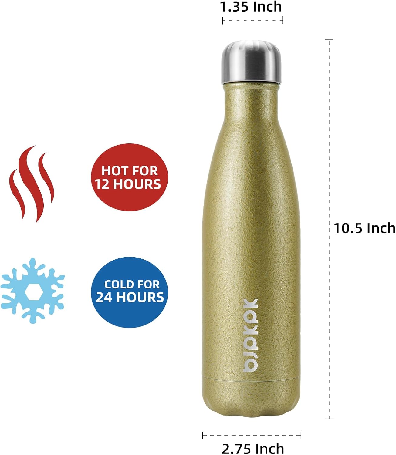 BJPKPK Insulated Water Bottles 17oz,Leak Proof Stainless Steel Water Bottle Keeps Cold for 24 Hours and Hot for 12 Hours, BPA Free,Gold