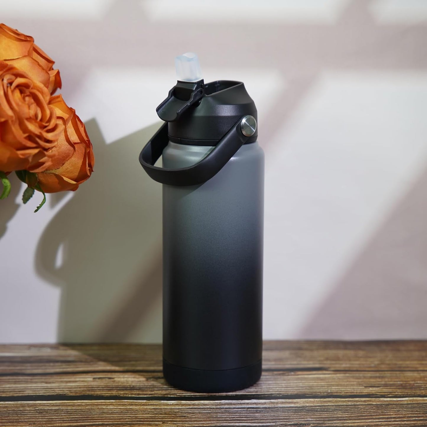 BJPKPK Insulated Water Bottle with Straw Lid, 40oz Large Thermos, BPA Free Leak Proof Stainless Steel Metal Water Bottles, Tumblers, Cups, Flasks for Travel, Sports,Black Grey