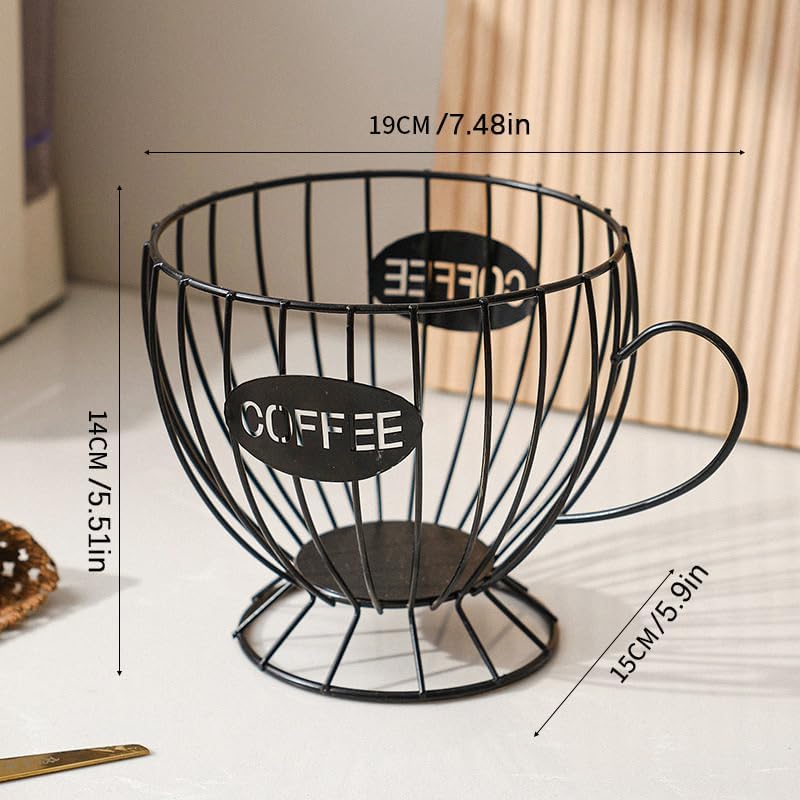 Coffee Pod Holder,Large K-Cup & Nespresso Capsule Organizer, Coffee Capsule Basket, Metal Coffee Bar Organizer for Kitchen Dinning Room Office Home Cafe Hotel (Black-Tea Cup )