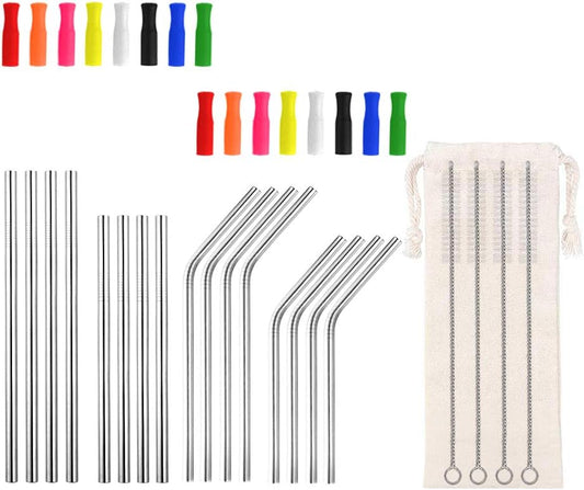 Lazycorner 16 Pcs Short Metal Straw, 6mm 5.5" 6.5" Kids Reusable Straw Silicone Tips Cleaner, Mini Small Stainless Steel Straws Fit 8 10 12 oz Tumbler/Wine Tumblers, Reusable Cocktail Straws(Silver)
