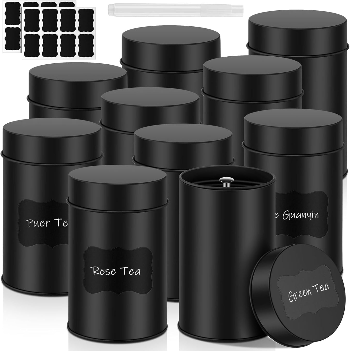 Tanlade 10 Pcs Tea Tin Canister Metal Round Can with Airtight Lid Double Sealed Tea Tin Canisters, with 1 Erasable Chalk Marker and 16 Stickers for Loose Leaf Coffee Sugar, 16 oz