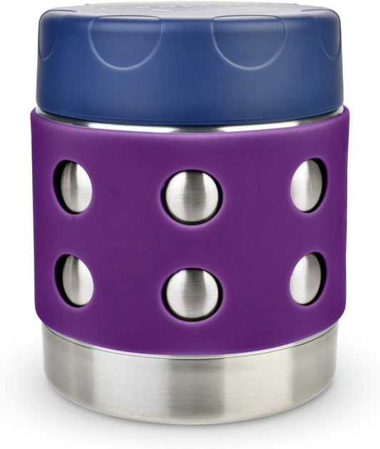 LunchBots Thermal 8 oz Triple Insulated Thermos - Hot 6 Hours or Cold 12 Hours - Leak Proof Thermos Soup Jar - All Stainless Interior - Navy Lid - Purple Dots