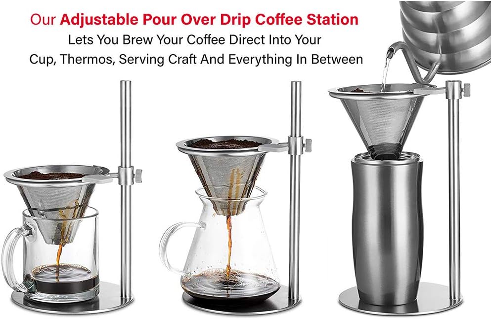 Pour Over Coffee Maker, Adjustable Pour Over Coffee Stand with Double Filter, Freestanding Drip Cone Brewer and Stand, Make Coffee Directly into Mug, Cup or Thermos, 1pcs, Stainless Steel