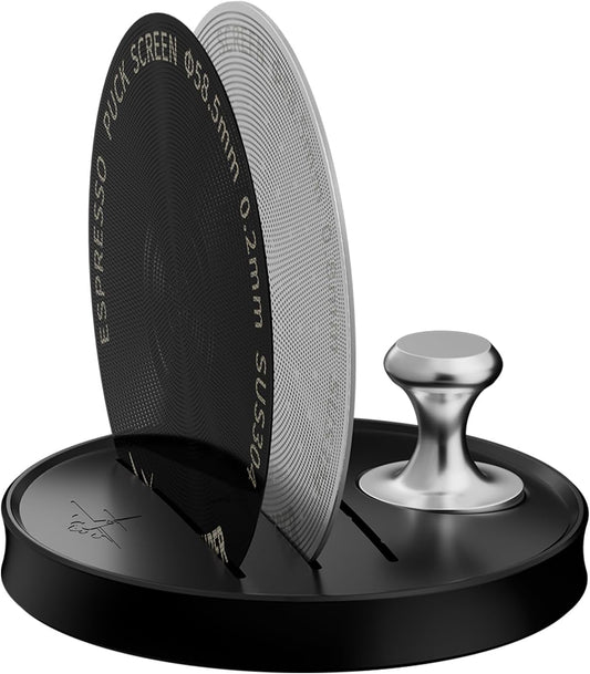 MHW-3BOMBER 58mm Espresso Puck Screen - 0.2mm Ultra Thin Espresso Puck - Metal Reusable Coffee Filter for Portafilter Basket 58mm - Puck Screen with Stand 3 Pack FG7052-OS