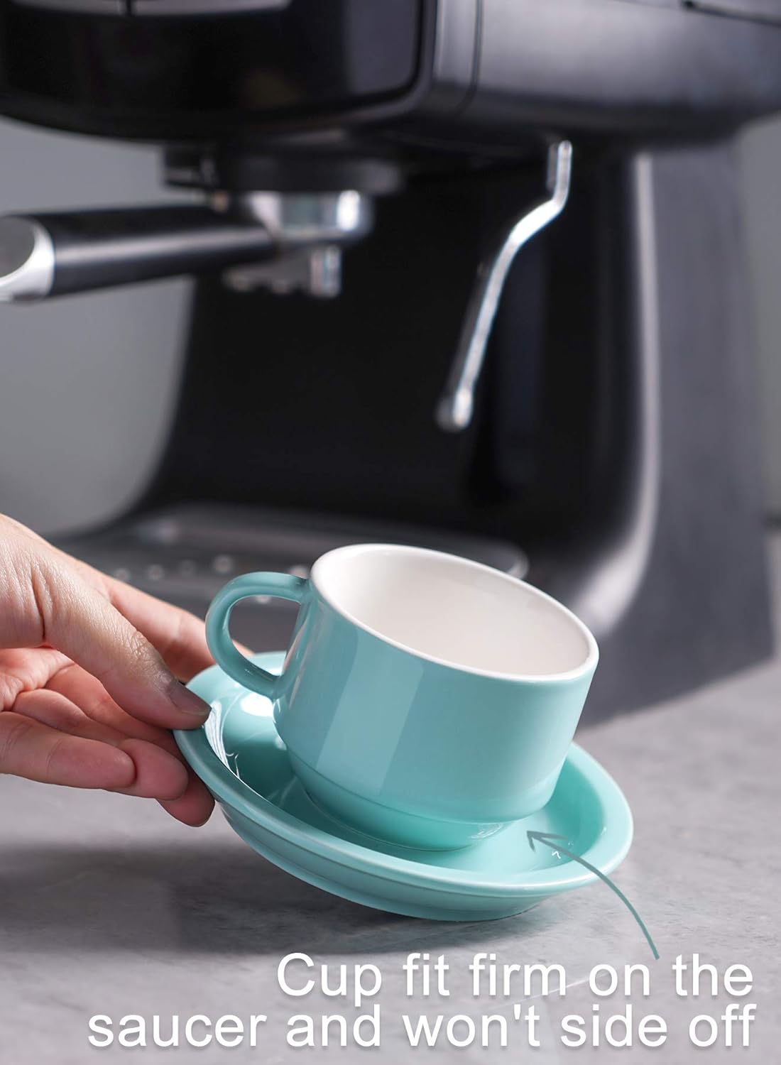 Sweese 4 Ounce Porcelain Stackable Espresso Cups with Saucers and Metal Stand Set of 4, Turquoise