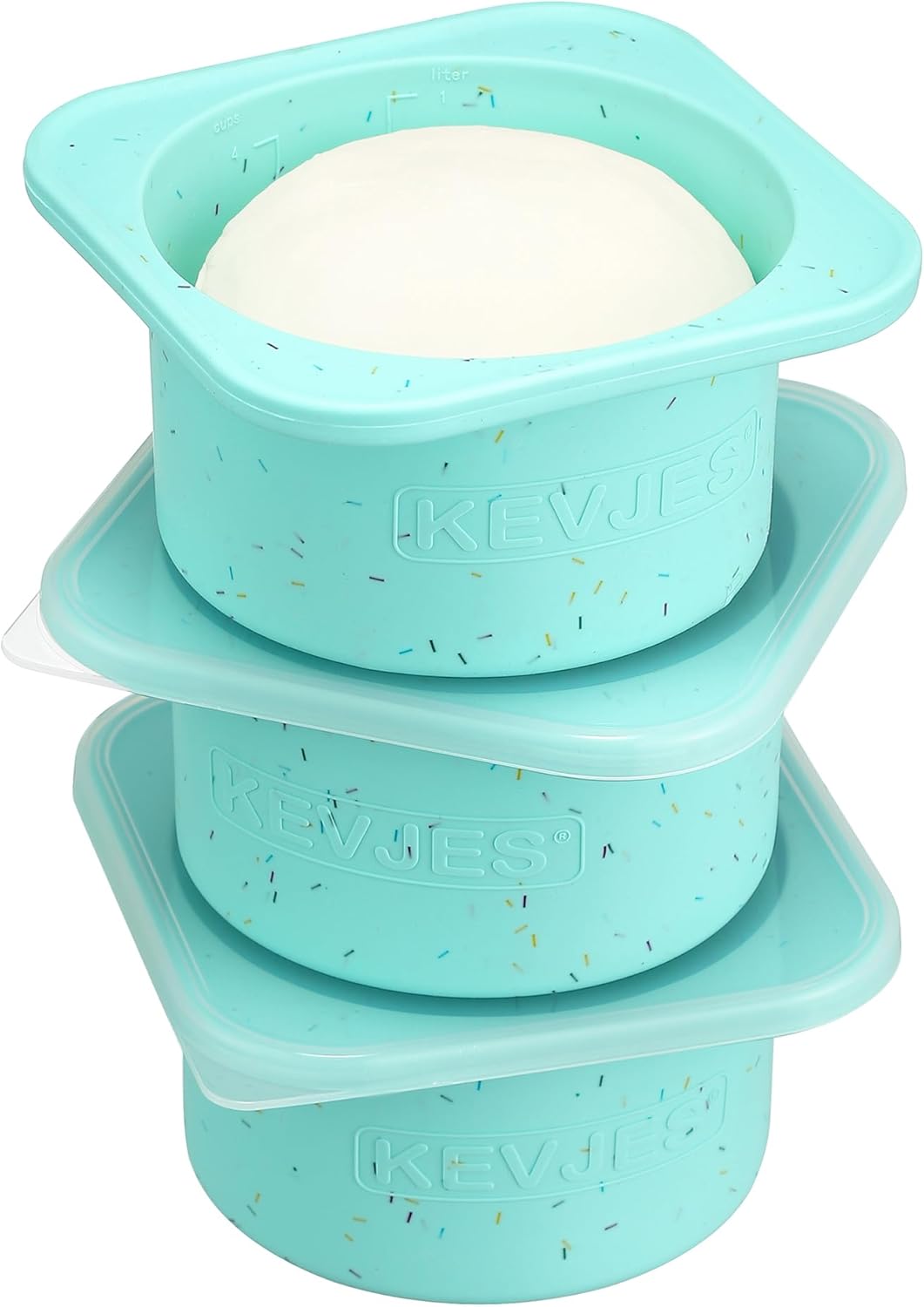 PLUS 1000ml Pizza Dough Proofing Containers for DIY family Artisan Pizza, Food Grade Silicone Stackable Boxes with Lids, Freezer, Fridge, Dishwasher Safe-Sprinkles Pattern-3 Pack (Bondi Mint)