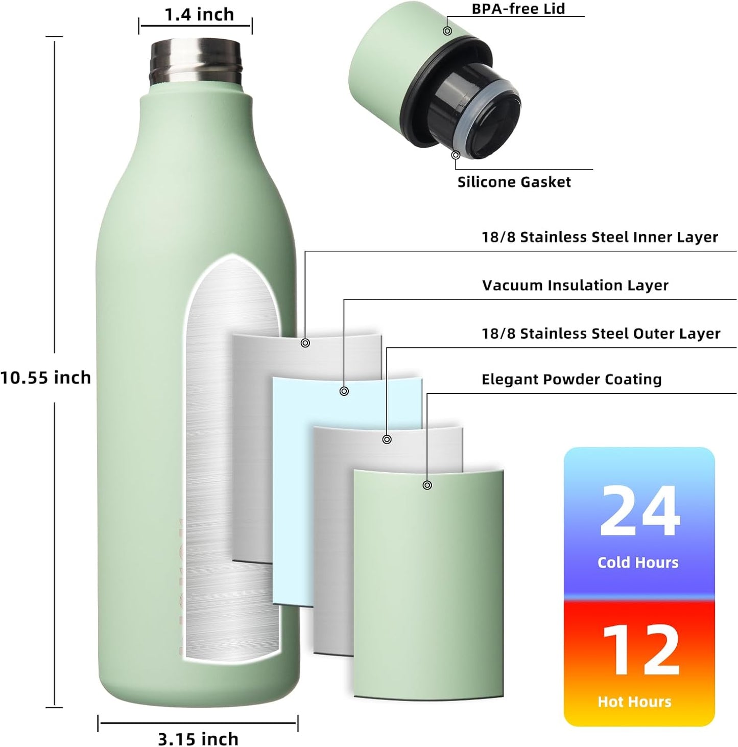 BJPKPK Insulated Water Bottles, 25 oz Stainless Steel Metal Water Bottle with Strap, BPA Free Leak Proof Thermos, Mugs, Flasks, Reusable Water Bottle for Sports & Travel, Macaron Green