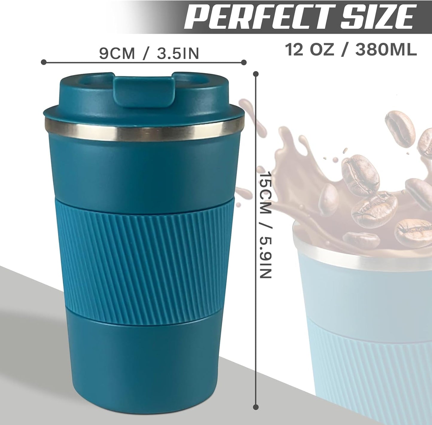 Vacuum-Insulated Stainless Steel Travel Coffee Mug, Leak-Proof Reusable Coffee Cup with Lid - Keep Hot & Cold Drinks for Hours, Durable Thermos Tumbler for Men & Women (3rd-Blue, 12OZ)