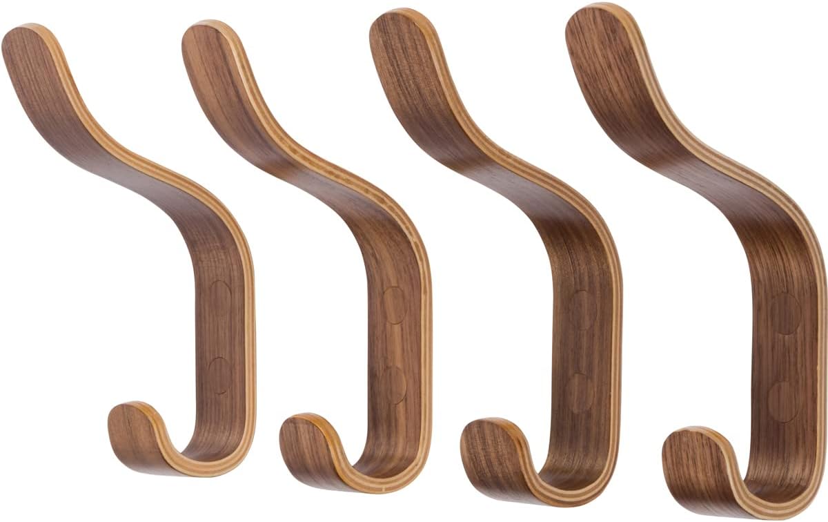 Plywood Wall Hooks Set of 4 Wood Coat Hooks Hanging Clothes Hats Robes Towels Walnut Wooden