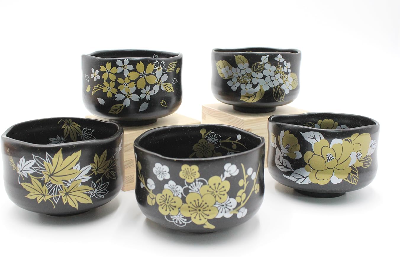 Japanese Traditional Handcrafted Matcha Chawan Tea Bowl Cup Set of 5 Ceremony Tableware Pottery (Hannnari Wan Zoroi Tenmoku)