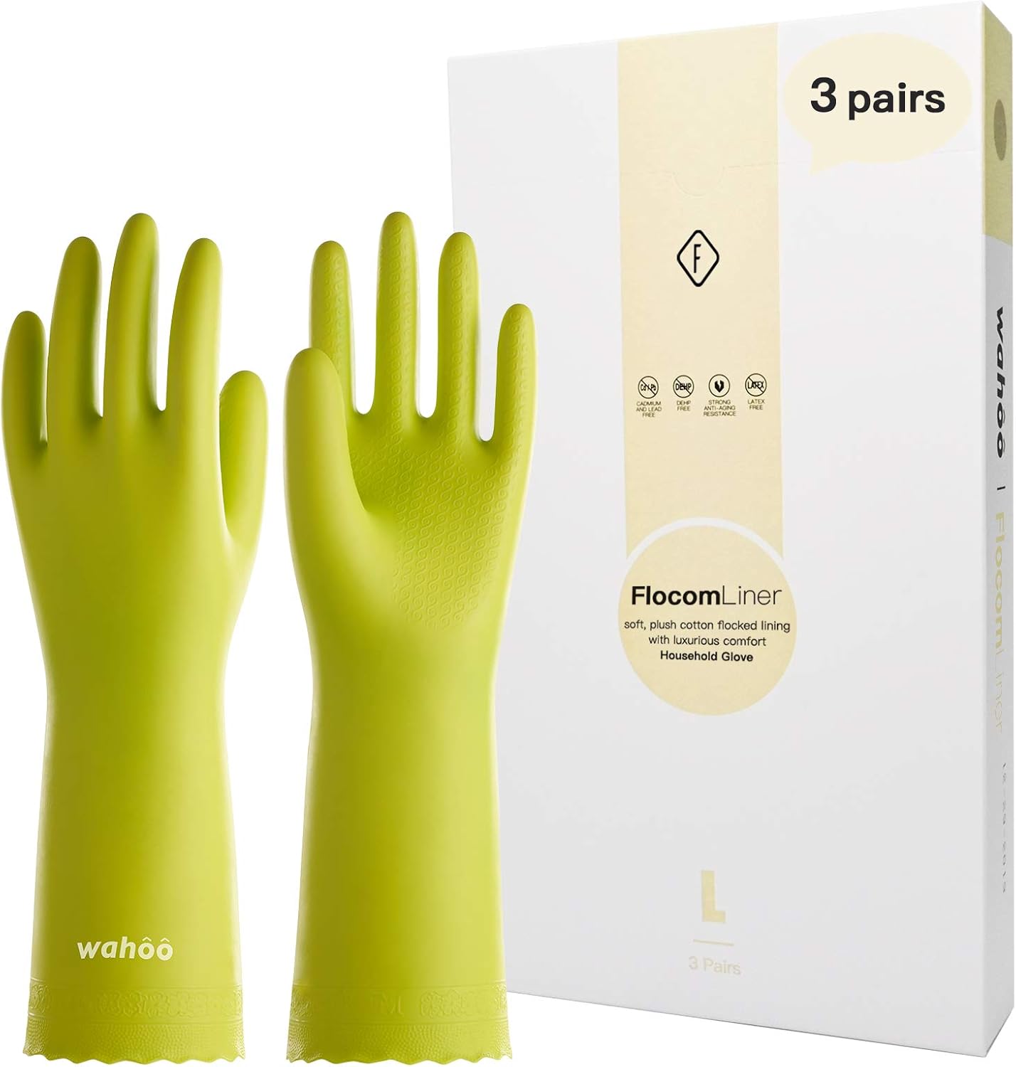 LANON 3 Pairs wahoo Skin-Friendly Cleaning Gloves, Dishwashing Kitchen Gloves with Cotton Flocked Liner, Reusable, Non-Slip, Bud Tender, Medium