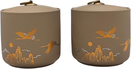 Bare & Balanced Premium Ceramic Tea Canister Set – Handcrafted Storage Jars with Airtight Lids | Crane & Mountain Design | Ideal for Tea, Coffee, Spices | Gift-Ready Box (Light beige)