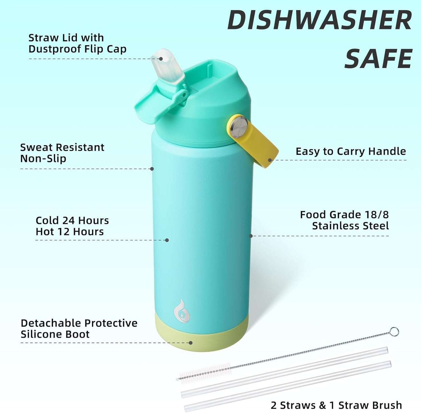 BJPKPK Insulated Water Bottle with Straw Lid, 18oz Thermos Water Bottles, Flex Handle & Non-slip Boot, BPA Free Leak Proof Stainless Steel Metal Thermos, Tumblers, Cups,Twilight Blue