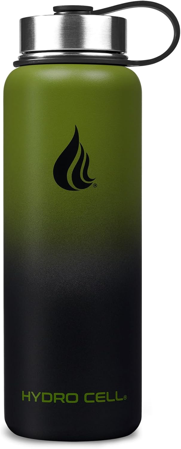 HYDRO CELL Stainless Steel Insulated Water Bottle with Straw - For Cold & Hot Drinks - Metal Vacuum Flask with Screw Cap and Modern Leakproof Sport Thermos for Adults (Army/Black 40oz)