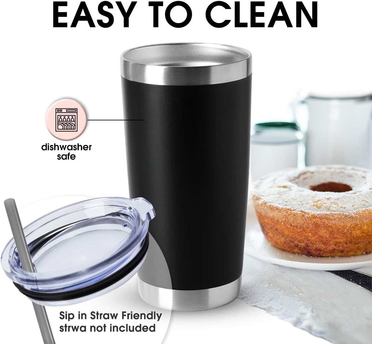 HASLE OUTFITTERS 20oz Tumblers Bulk Stainless Steel Cup with Lid Double Wall Vacuum Insulated Coffee Mug for Cold & Hot Drinks 8 Pack, Black