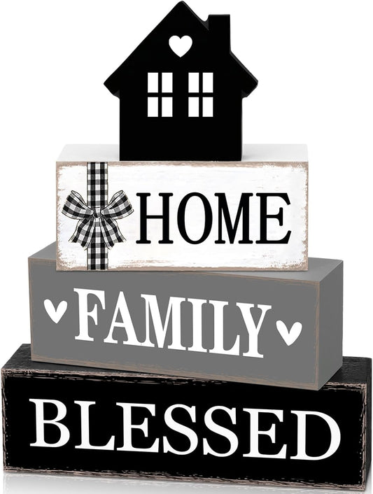 Rustic Farmhouse Table Decor Blessed Signs for Home Decor Neutral Home Family Wood Sign Black and White Modern Tabletop Centerpiece for Kitchen Shelf Desk Tiered Tray Decoration