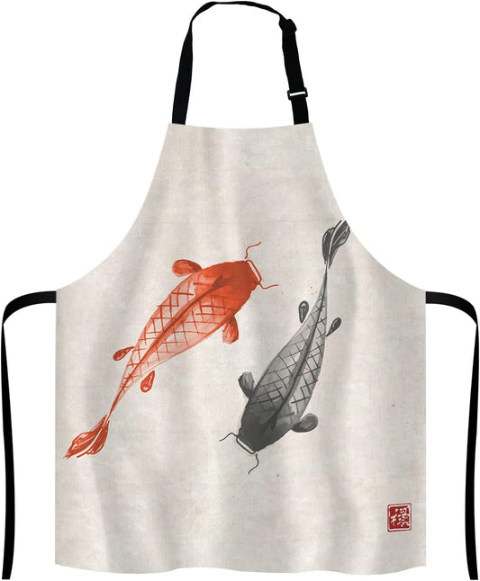 Red and black hand drawn with ink in traditional Japanese Adjustable Bib Apron Kitchen Cooking Baking Gardening Apron for Women Men