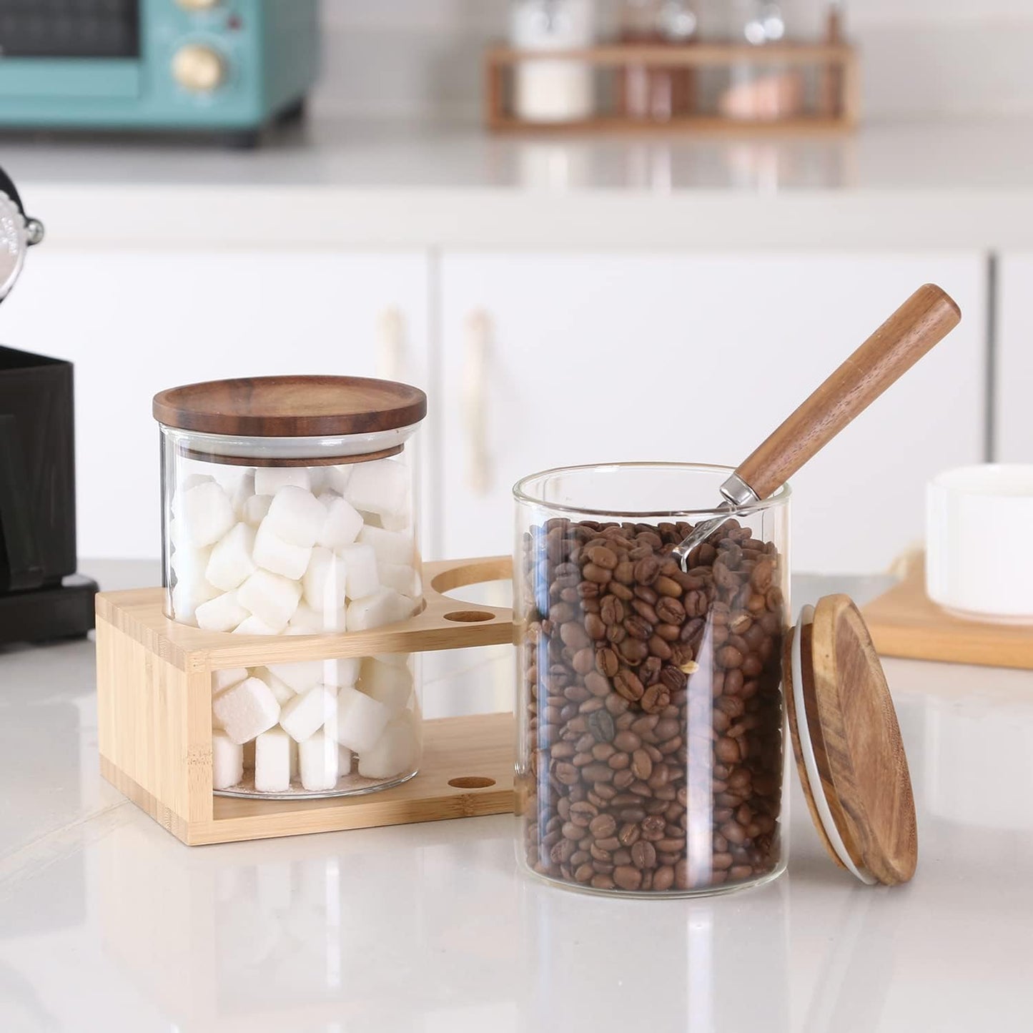 KKC HOME ACCENTS Clear Borosilicate Glass Glass Storage Jars with Airtight Wood Lids,Air Tight Sealed Wooden Top Glass Jars with Spoon for Coffee,Tea,Sugar, 25 OZ (750 ml)