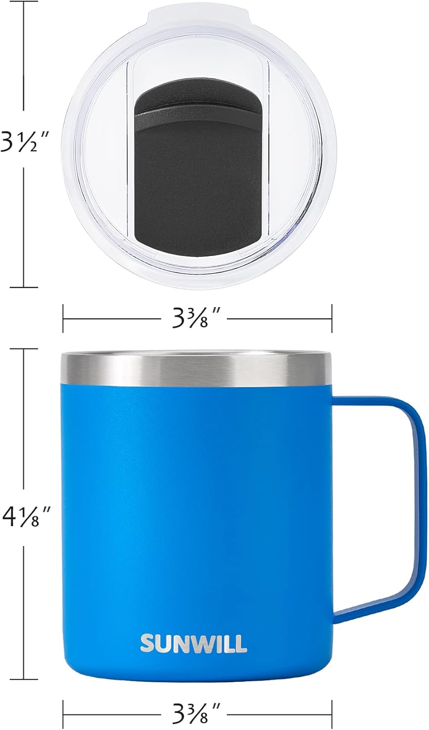 SUNWILL Insulated Coffee Mug with Lid, Travel Tumbler with Handle, 14 oz Stainless Steel Cup for Camping, Office, Home, Powder Coated Royal Blue