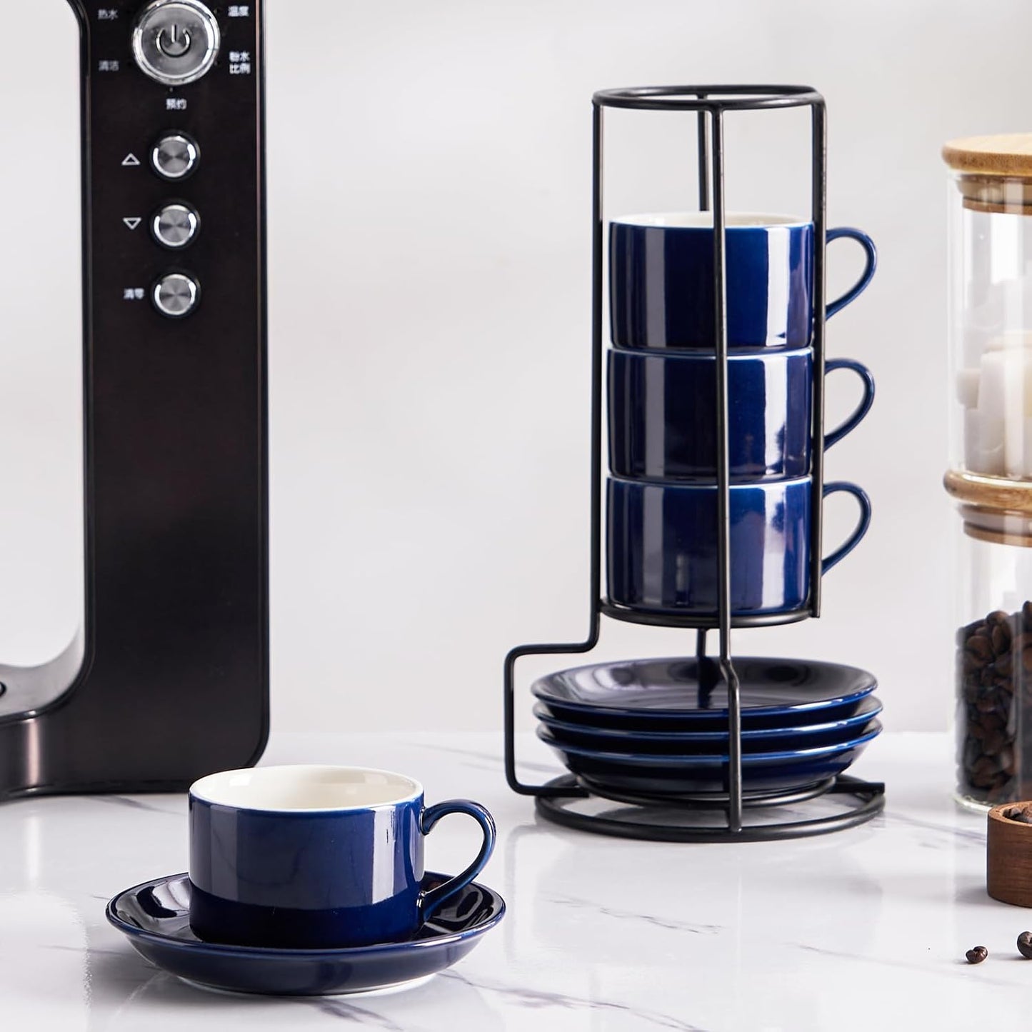 2.5oz Porcelain Stackable Espresso Cups with Saucers and Metal Stand Set of 4, Stackable Cappuccino Cups, Blue Expresso Shots Cup Set for Coffee Drinks, Latte, Tea