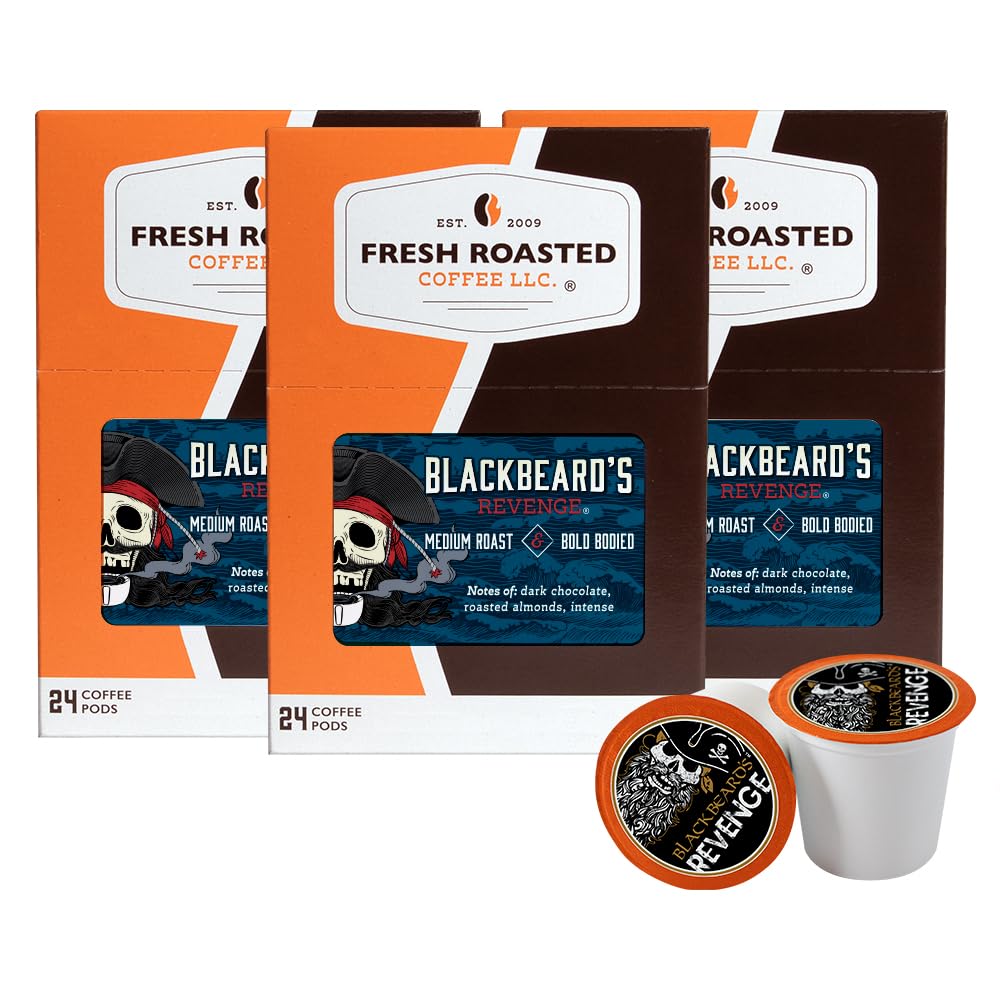 Fresh Roasted Coffee, Blackbeard's Revenge, Medium Roast, 72 Pods for K Cup Brewers