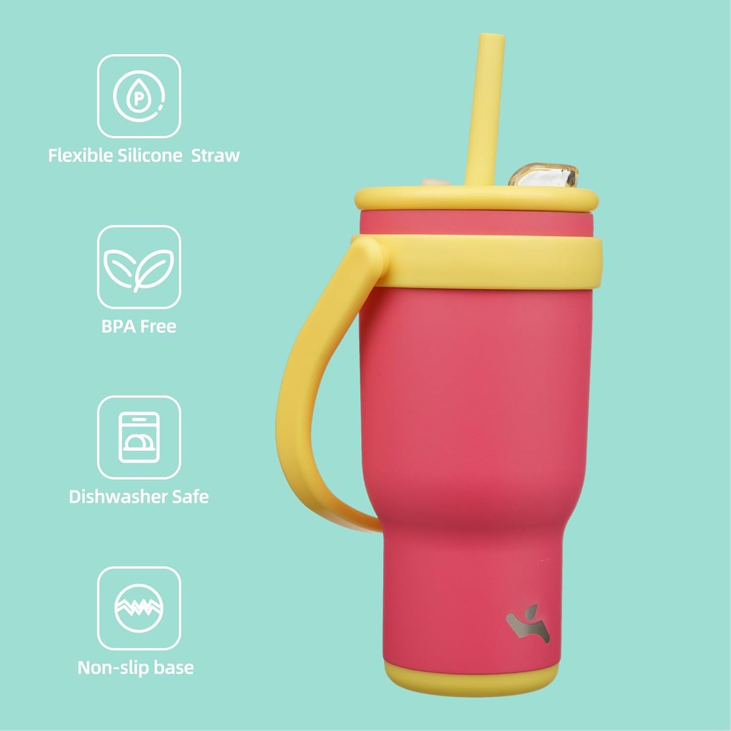 30 oz Tumbler with Side Handle, Insulated Water Bottle with Straw and 2 in 1 Lid, Stainless Steel Cup Travel Coffee Mug for Sports Office Gym,Rose Pink