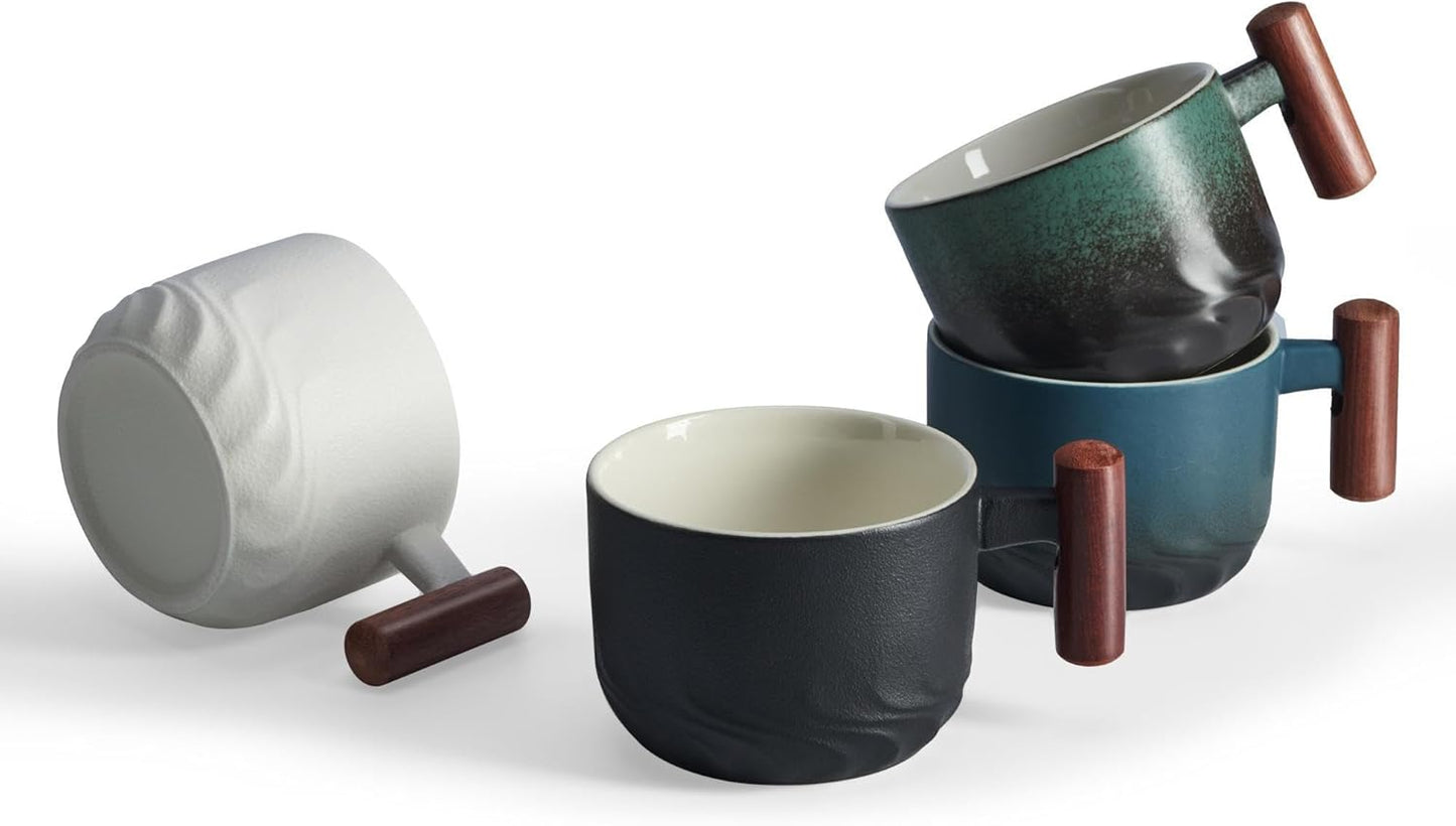 6 Oz Ceramic Espresso Mugs with Wooden Handle, Demitasse Cups for Double Shot Latte Cappuccino Lungo Tea Bag Beverage, Espresso Cups Set of 4