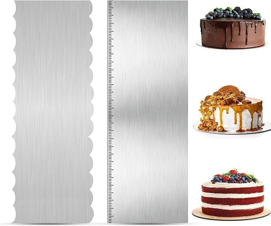2Pcs Stainless Steel Cake Scraper - 8.6 Inch Double Sided Patterned Edge Stripe Smoother Scraper, Cake Smoother for Icing Mousse Butter Cream, Cake Decorating Comb Measuring Tool