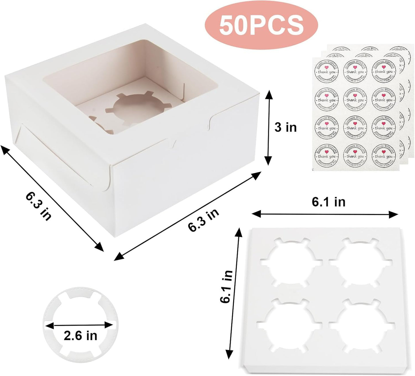 OAMCEG 50 PCS White Cupcake Boxes with Window and Insert, 6x6x3 Inch Kraft Treat Boxes with 4 Cavity for Cookies, Pastries, Desserts, with Stickers & Jute Twine