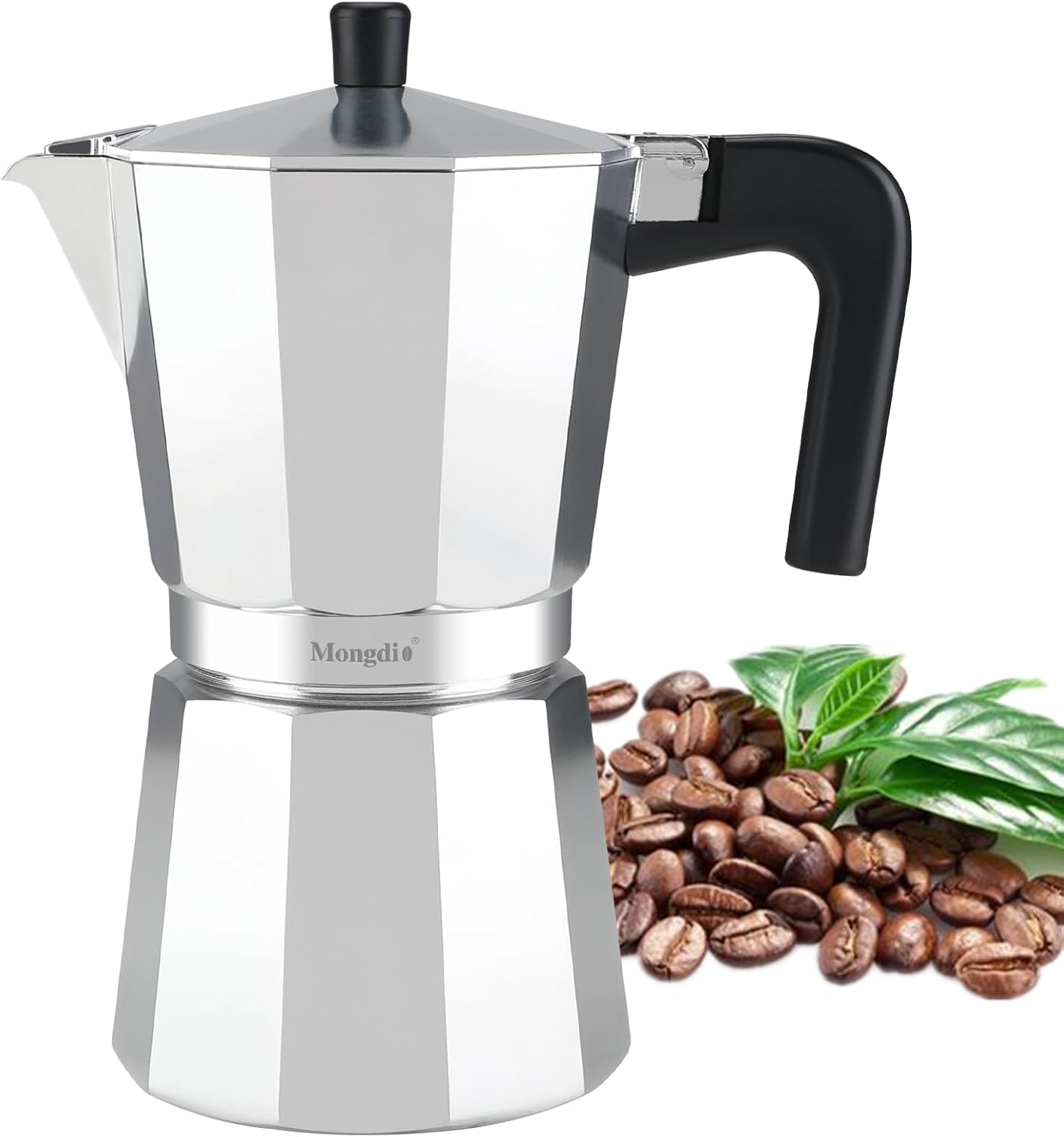 Mongdio Stovetop Espresso Maker Moka Pot, Stove Top Cuban Coffee Maker, Italian Greca Mocha Pot, 12 Espresso Cups, 20 oz - Silver