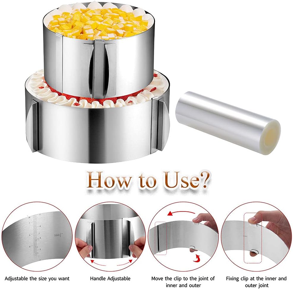 Cake Ring Extra High 15cm Acetate Cake Collar Set - Adjustable 6 to12Inch Stainless Steel Round Cake Mousse Molds Baking Ring with 6.3inchx394inch Clear Acetate Sheets Cake Roll for Pastry, Cake Decor