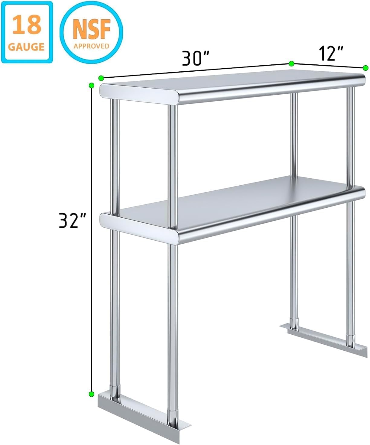 NSF Certified 18 Gauge Heavy Duty Stainless Steel Double overshelf with Brackets for Kitchens, Utility Rooms, Storage, Offices & Home