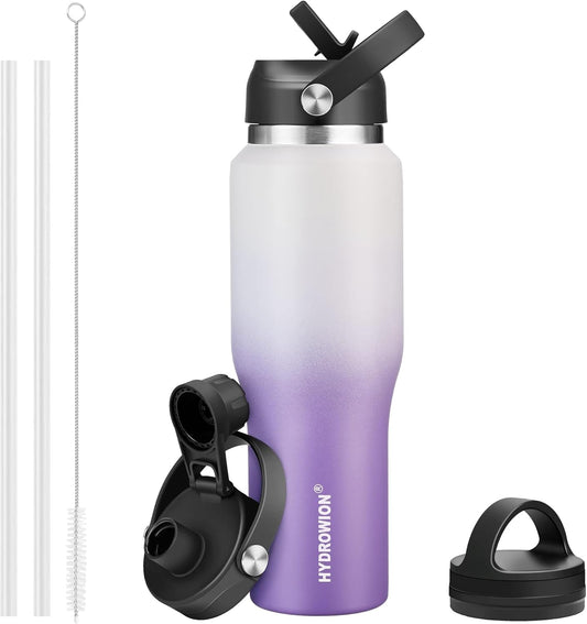 40 oz Insulated Water Bottle with Straw fit in Car Cup Holder(Cold 48 hrs, Hot 24 hrs) Drinking Bottle with Straw Lid, Spout Lid and Flex Cap Leakproof Travel Thermo Mug，White - Purple