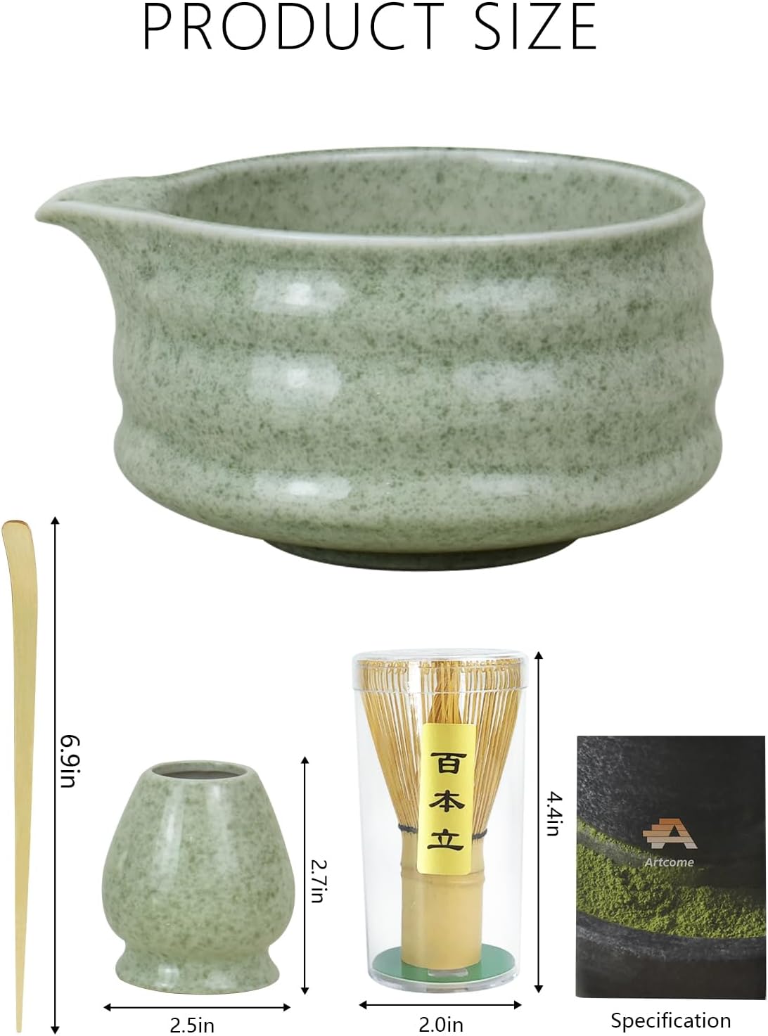 Artcome Matcha Bowl Set with Pouring Spout – Ceramic Chawan, Bamboo Whisk, Whisk Holder, Tea Scoop, and Matcha Manual – Traditional Japanese Tea Set