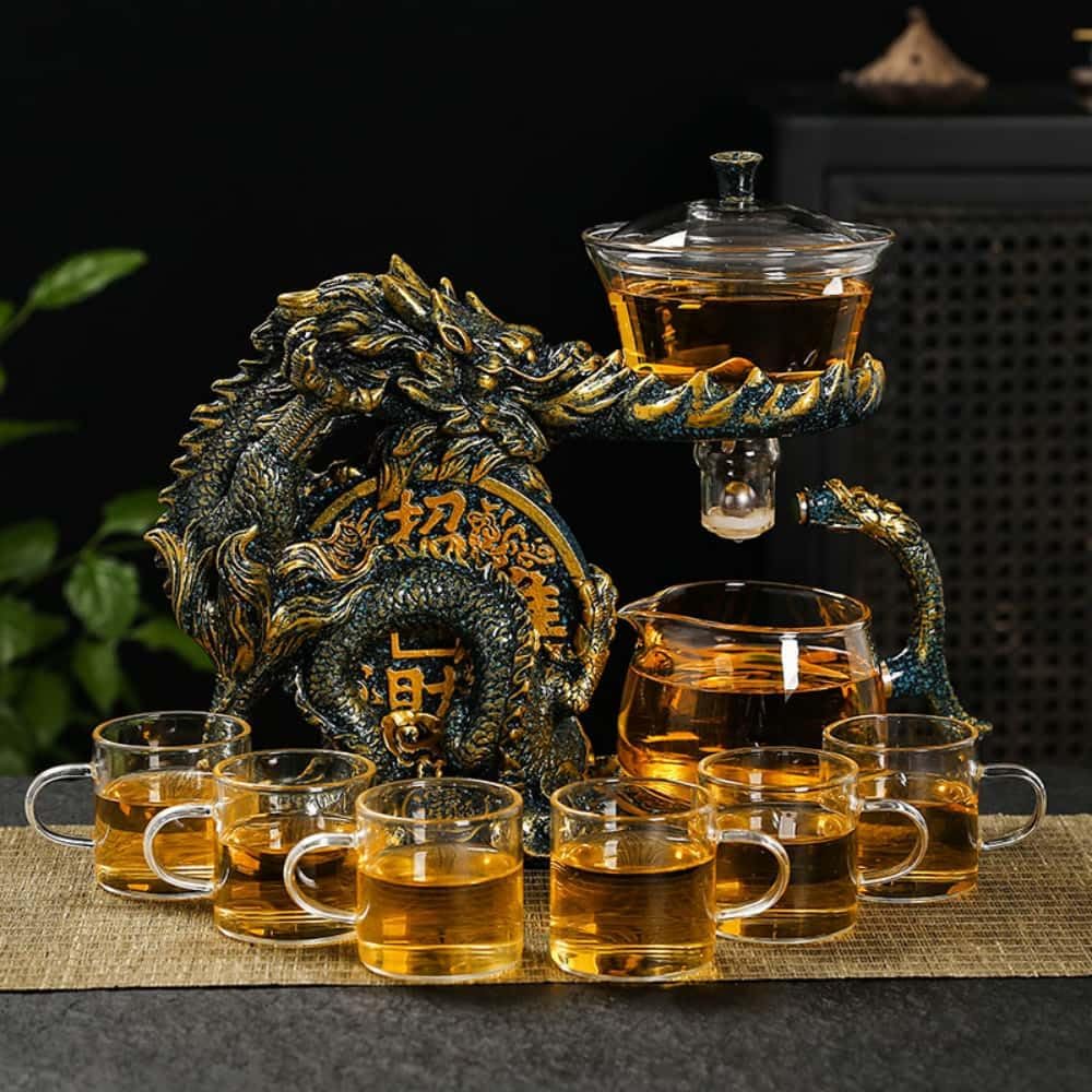 Glass Teapot Set with Infuser Semi Automatic Dragon Tea Set with 6 Small Cups (blue golden dragon-b)