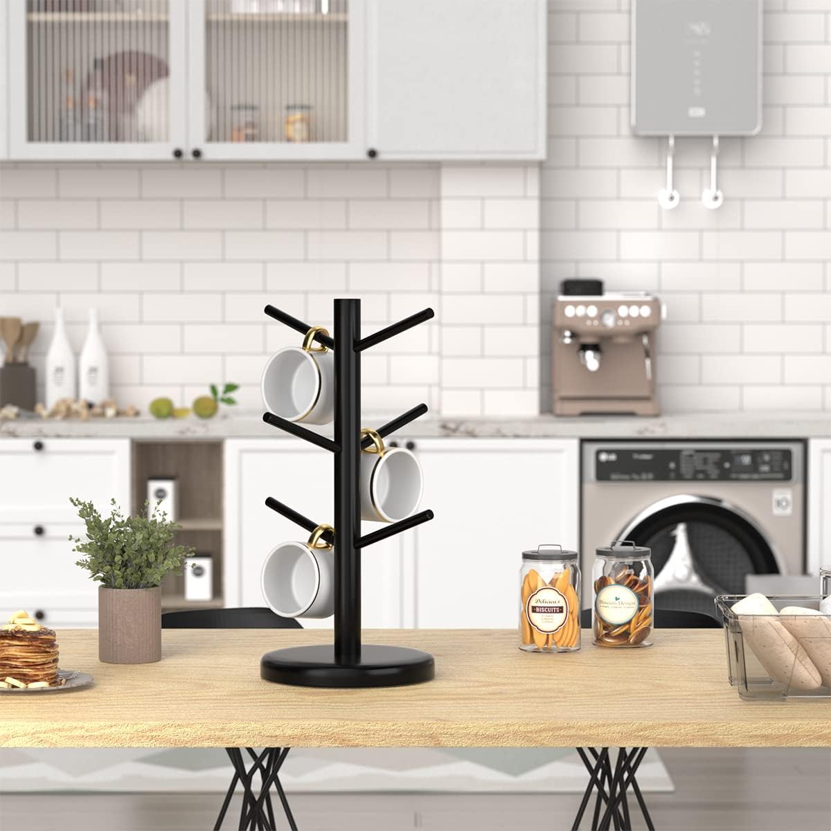 Dorhors Mug Holder Tree,Coffee Cup Holder with 6 Hooks, Wood Mug Rack for Counter,Coffee Bar Accessories and Orgnizer Station,Black