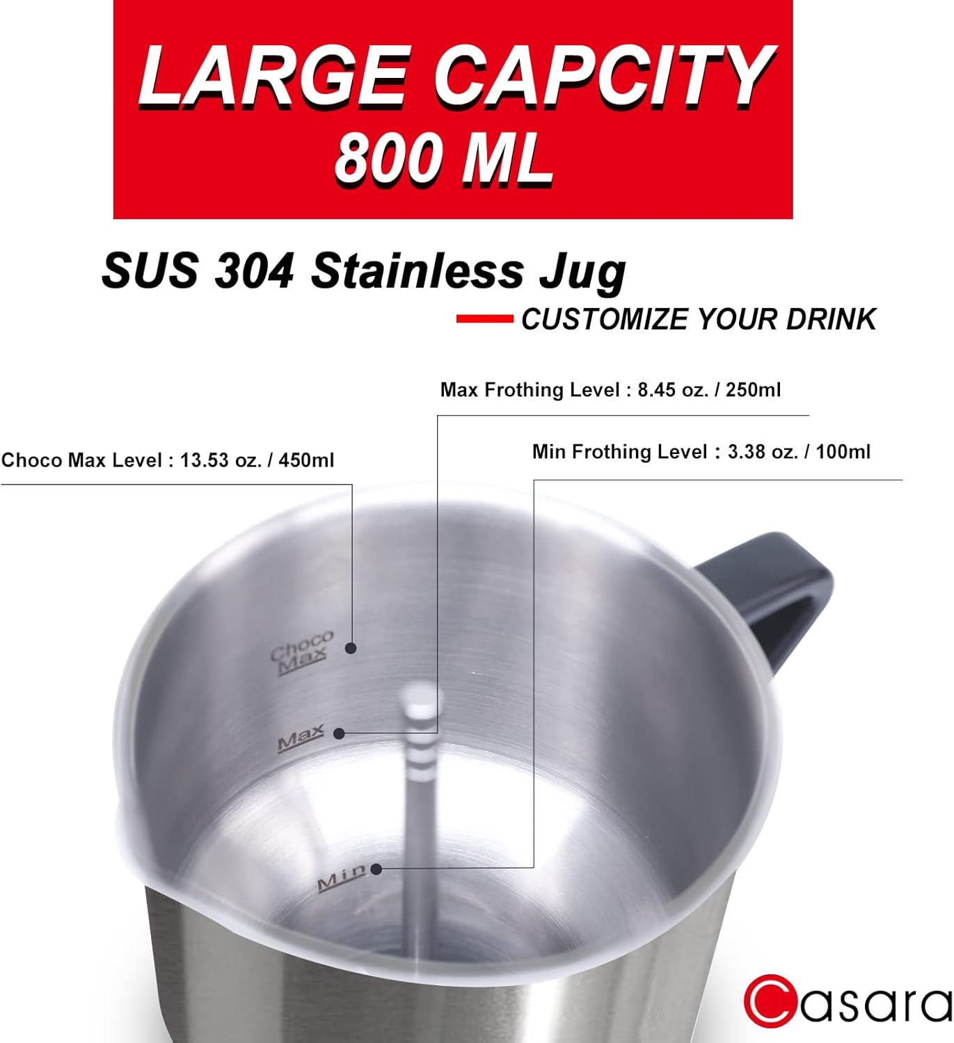 Casara 4-in-1 Electric Milk Steamer and Frother,27oz Stainless Steel Pitcher,Hot and Cold Foam Maker and Milk Warmer for Lattes,Cappuccinos,Macchiato