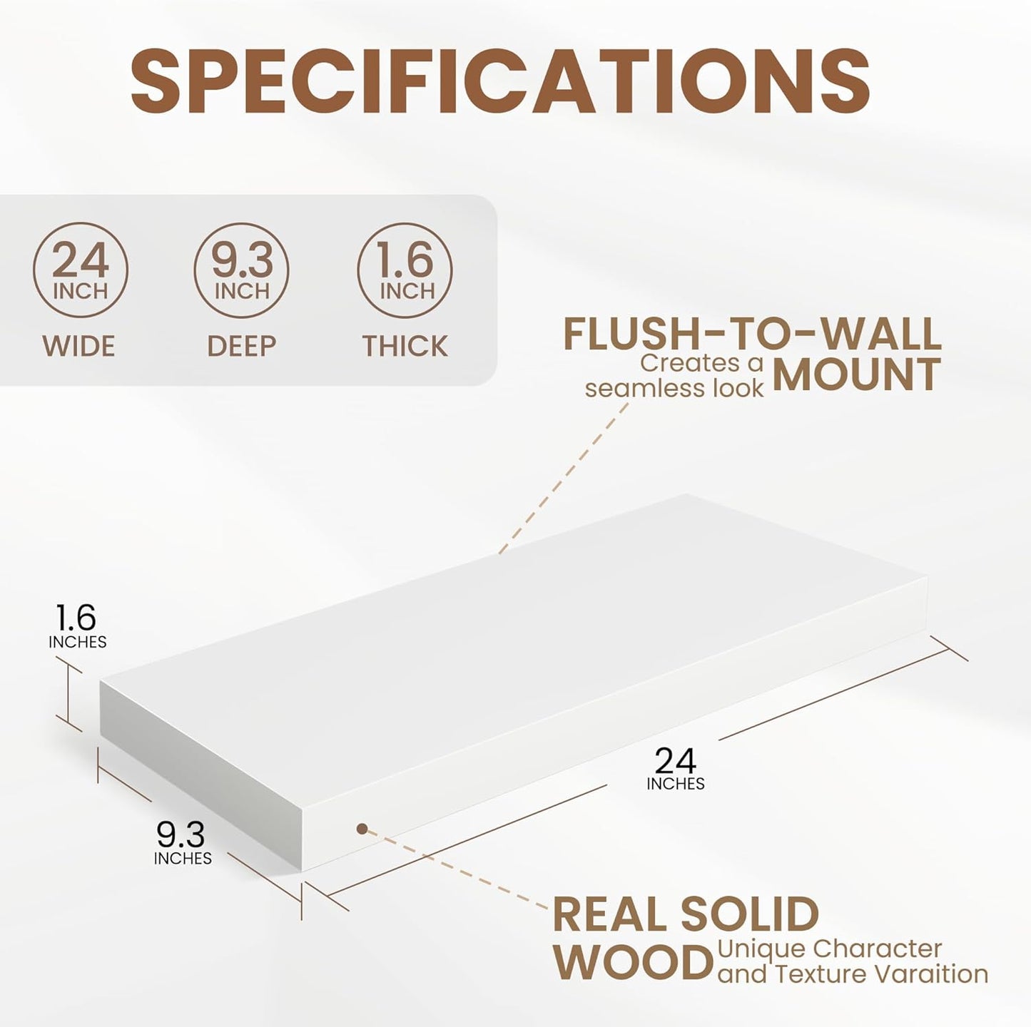 White Floating Shelves 24 Inch Long, 9.3 Inch Deep Floating Shelves for Wall, Rustic Solid Wood Shelves, Deep Wall Shelves for Living Room, Bedroom, Kitchen, 24"W x 9.3"D x 1.6"H, Set of 2