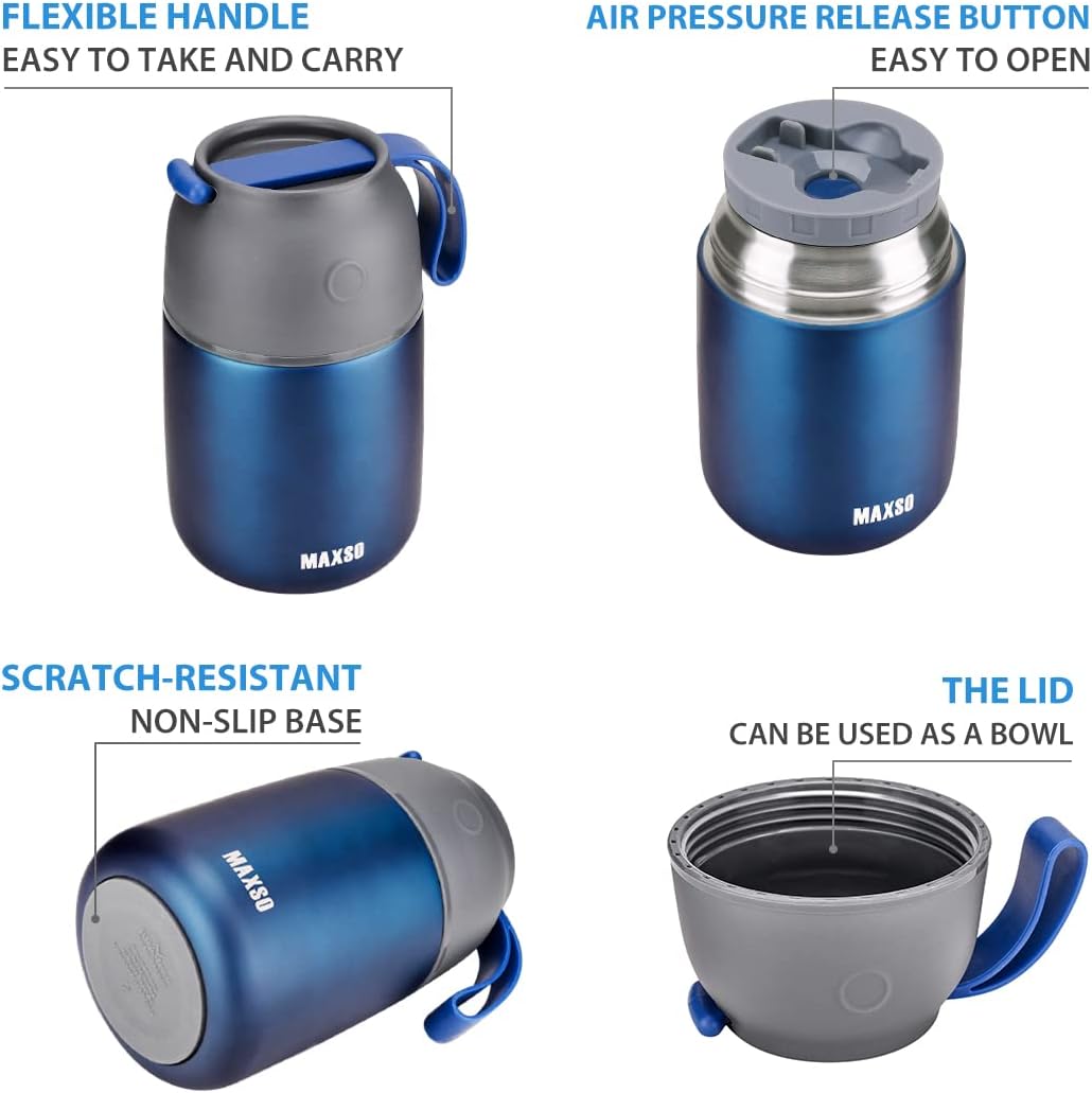 Insulated Thermo Food Jar for Hot & Cold Food for Kids Adult, 17&24 oz Soup Thermal Hot Food Containers for Lunch, Triple Layer Insulation Stainless Steel Food Jar with Spoon (2 Pack Blue)