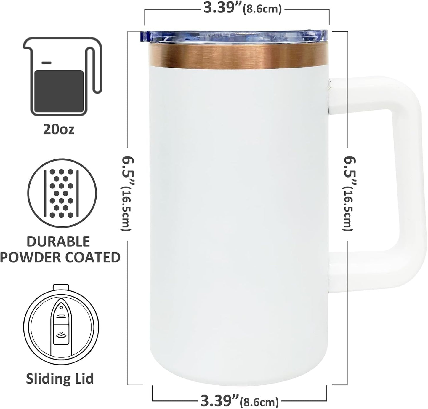20 oz Insulated Coffee Mug with Lid, Stainless Steel Coffee Tumbler Bulk, Double Wall Vacuum Travel Mug with Handle, Leakproof Powder Coated Coffee Cups for Hot and Cold Drinks (White,1 pack)