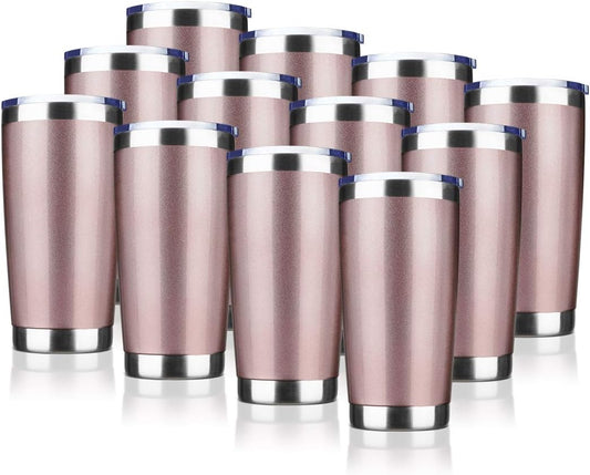 20oz Tumbler Bulk Stainless Steel Vacuum Insulated Tumblers with Lid Double Wall Travel Mug Powder Coated Coffee Cup, Suitable for Ice Drinks and Hot Beverage (Rose gold 12pack)